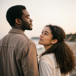 Couple face à la mer au coucher.