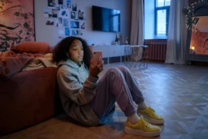 jeune adolescente devant son téléphone portable